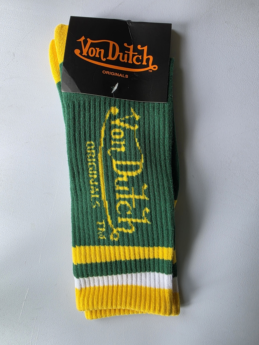 Von Dutch Green and Yellow Crew Athletic Socks - Picture 2 of 4